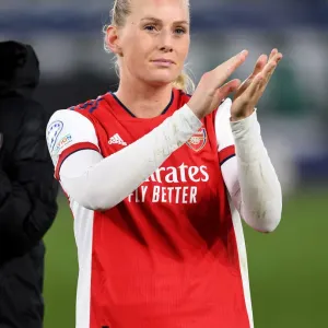 Arsenal Women's Champions League Quarterfinal: Stina Blackstenius Celebrates with Fans vs VfL Wolfsburg