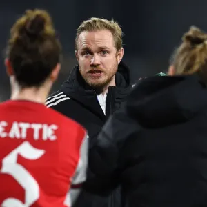 Arsenal Women's Coach Jonas Eidevall Speaks with Players after Hoffenheim Match, UEFA Women's Champions League, 2021-22 Arsenal Women's Coach Jonas Eidevall Speaks with Players after Hoffenheim Match, UEFA Women's Champions League, 2021-22