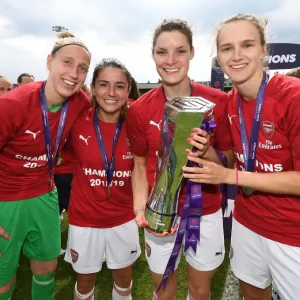 Arsenal Women's Historic Title Win: Van Veenendaal, Van de Donk, Bloodworth, and Miedema Celebrate with the Trophy