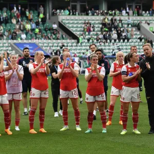 Arsenal Women's Historic UEFA Champions League Semifinal Triumph: A Celebratory Moment with Fans and Coach Eidevall (Vfl Wolfsburg vs Arsenal Women 2022-23)