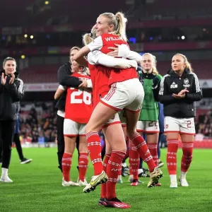 Arsenal Women's Historic Victory: Leah Williamson and Stina Blackstenius Embrace After Defeating FC Bayern Munchen in UEFA Champions League Quarter-Finals