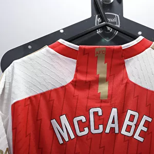 Arsenal Women's Squad: Katie McCabe's Detailed Shirt Up Close Before Arsenal vs. Aston Villa (2022-23)