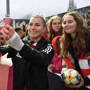 Arsenal Women's Steph Catley Celebrates with Fan after Triumph over Everton at Meadow Park