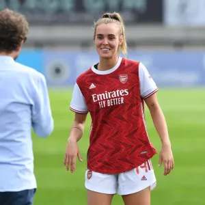 Arsenal Women's Team: Manager Joe Montemurro and Jill Roord Share a Light-Hearted Moment during Arsenal Women v Reading Women Match (2020-21)