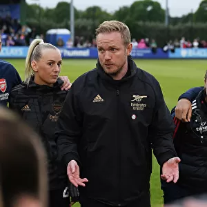 Arsenal Women's Team Huddle with Coach Jonas Eidevall after Everton FC Match