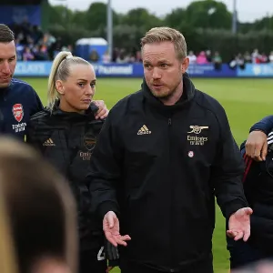 Arsenal Women's Team Huddle with Coach Jonas Eidevall after Everton FC Match Arsenal Women's Team Huddle with Coach Jonas Eidevall after Everton FC Match