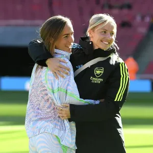 Arsenal Women's Team: Lia Waelti and Leah Williamson Embrace Ahead of Arsenal v Aston Villa (2023-24)