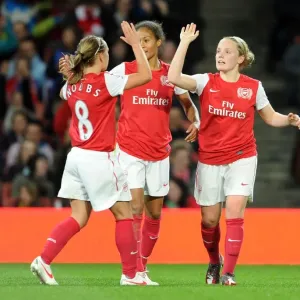 Arsenal Women's Triumph: Kim Little, Rachel Yankey, and Jordan Nobbs Celebrate Goals Against Chelsea