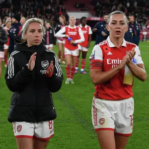 Arsenal Women's Victory: Nobbs and McCabe Celebrate with Fans at Emirates Stadium