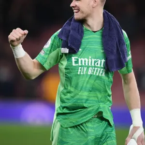 Arsenal's Aaron Ramsdale Celebrates with Fans after Arsenal v West Ham United Win Arsenal's Aaron Ramsdale Celebrates with Fans after Arsenal v West Ham United Win