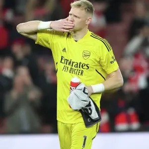 Arsenal's Aaron Ramsdale Celebrates with Fans after Arsenal vs. Chelsea Victory, Premier League 2022-23 Arsenal's Aaron Ramsdale Celebrates with Fans after Arsenal vs. Chelsea Victory, Premier League 2022-23