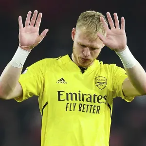 Arsenal's Aaron Ramsdale Celebrates with Fans After Draw Against Southampton