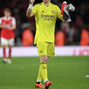 Arsenal's Aaron Ramsdale Celebrates Premier League Victory over Chelsea with Adoring Fans at Emirates Stadium (2022-23)