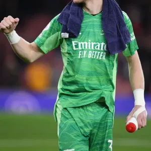 Arsenal's Aaron Ramsdale Celebrates Victory with Ecstatic Fans at Emirates Stadium Arsenal's Aaron Ramsdale Celebrates Victory with Ecstatic Fans at Emirates Stadium