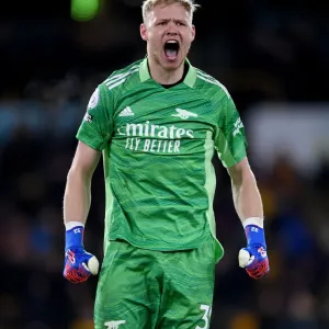 Arsenal's Aaron Ramsdale Celebrates Win Against Wolverhampton Wanderers in Premier League