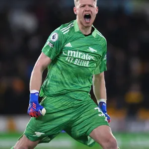 Arsenal's Aaron Ramsdale: Celebrating Victory over Wolverhampton Wanderers in the Premier League
