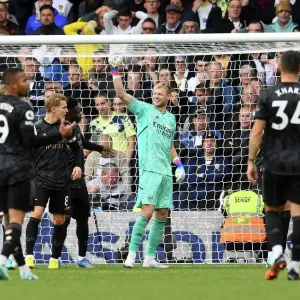 Arsenal's Aaron Ramsdale Reacts to Leeds Penalty Miss: Leeds United vs Arsenal, Premier League 2022-23 Arsenal's Aaron Ramsdale Reacts to Leeds Penalty Miss: Leeds United vs Arsenal, Premier League 2022-23