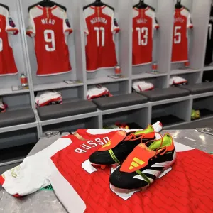Arsenal's Alessia Russo Unveils New Adidas Boots in Arsenal Changing Room Ahead of Arsenal vs Everton (2023-24 Women's Super League)