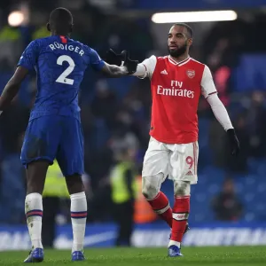 Arsenal's Alexandre Lacazette Shakes Hands with Chelsea's Alexandre Lacazette after Intense Rivalry Match, Premier League 2019-20