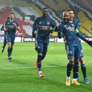 Arsenal's Alexis Lacazette, Dani Ceballos, and Nicolas Pepe Celebrate Goals in Empty Eden Arena during Slavia Prague vs Arsenal UEFA Europa League Quarterfinal Arsenal's Alexis Lacazette, Dani Ceballos, and Nicolas Pepe Celebrate Goals in Empty Eden Arena during Slavia Prague vs Arsenal UEFA Europa League Quarterfinal