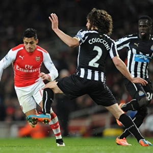 Arsenal's Alexis Sanchez Chases Down Newcastle's Fabricio Coloccini during the 2014/15 Premier League Match