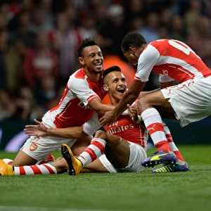 Arsenal's Alexis Sanchez, Issac Hayden, and Francis Coquelin Celebrate Goal Against Southampton (2014/15 League Cup)