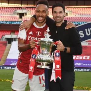 Arsenal's Arteta and Aubameyang Celebrate FA Cup Victory Over Chelsea in Empty Wembley Stadium Arsenal's Arteta and Aubameyang Celebrate FA Cup Victory Over Chelsea in Empty Wembley Stadium