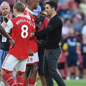 Arsenal's Arteta Celebrates with Magalhaes after Arsenal's Victory over Fulham (2022-23)