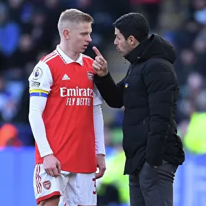 Arsenal's Arteta Consults New Signing Zinchenko on the Sidelines during Leicester Match, 2022-23 Premier League