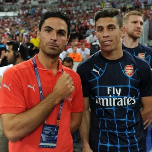 Arsenal's Arteta and Gabriel Ready for Arsenal v Singapore XI at 2015 Barclays Asia Trophy