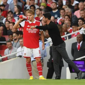 Arsenal's Arteta Gives Instructions to Odegaard During Arsenal v Fulham Premier League Clash (2022-23) Arsenal's Arteta Gives Instructions to Odegaard During Arsenal v Fulham Premier League Clash (2022-23)
