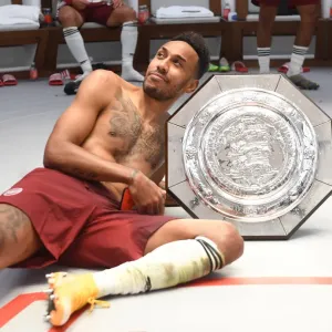 Arsenal's Aubameyang Celebrates FA Community Shield Victory over Liverpool
