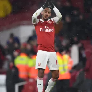 Arsenal's Aubameyang Celebrates with Fans after Arsenal v Cardiff City Victory (2018-19) Arsenal's Aubameyang Celebrates with Fans after Arsenal v Cardiff City Victory (2018-19)