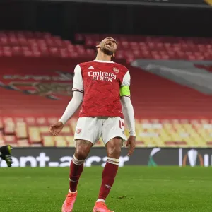 Arsenal's Aubameyang Frustrated in Empty Emirates During Europa League Clash Against Olympiacos Arsenal's Aubameyang Frustrated in Empty Emirates During Europa League Clash Against Olympiacos