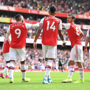 Arsenal's Aubameyang, Lacazette, and Ceballos Celebrate Goals Against Burnley (2019-20) Arsenal's Aubameyang, Lacazette, and Ceballos Celebrate Goals Against Burnley (2019-20)