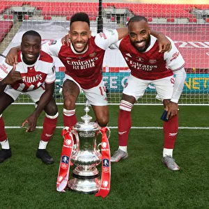 Arsenal's Aubameyang, Lacazette, and Pepe Celebrate FA Cup Victory Amid Empty Wembley Stadium (Arsenal v Chelsea, 2020)