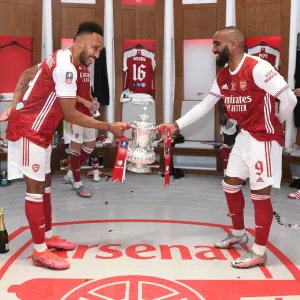 Print of Aubameyang and Lacazette Celebrating FA Cup Victory Print of Aubameyang and Lacazette Celebrating FA Cup Victory