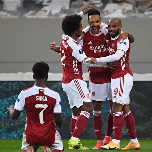 Arsenal's Aubameyang, Lacazette, Willian, and Saka Celebrate Goals Against SL Benfica in Europa League