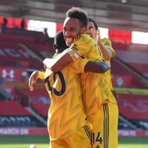 Arsenal's Aubameyang and Nketiah Celebrate Goal Against Southampton (2019-20) Arsenal's Aubameyang and Nketiah Celebrate Goal Against Southampton (2019-20)