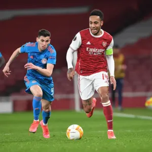 Arsenal's Aubameyang Scores Alone: UEFA Europa League Round of 16 (2020-21) at Empty Emirates Arsenal's Aubameyang Scores Alone: UEFA Europa League Round of 16 (2020-21) at Empty Emirates