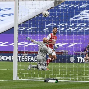 Print of Pierre-Emerick Aubameyang scoring in the 2020 FA Cup Final Print of Pierre-Emerick Aubameyang scoring in the 2020 FA Cup Final