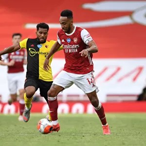 Arsenal's Aubameyang Scores Past Mariappa in Arsenal vs. Watford (2019-20)