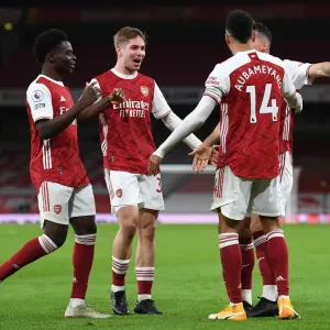 Arsenal's Aubameyang, Smith Rowe, and Saka Celebrate First Goal Against Newcastle United (2021)