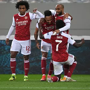 Arsenal's Aubameyang, Willian, and Lacazette Celebrate Goals Against SL Benfica in Europa League
