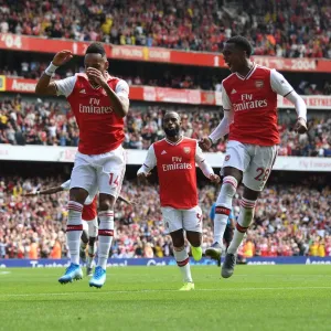 Arsenal's Aubameyang and Willock Celebrate Goals Against Burnley in 2019-20 Premier League Arsenal's Aubameyang and Willock Celebrate Goals Against Burnley in 2019-20 Premier League