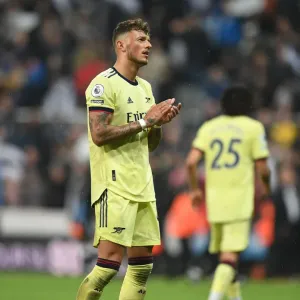 Arsenal's Ben White Celebrates at St. James Park: Newcastle United vs Arsenal, Premier League 2021-22 Arsenal's Ben White Celebrates at St. James Park: Newcastle United vs Arsenal, Premier League 2021-22