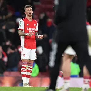 Arsenal's Ben White Reacts After Carabao Cup Semi-Final Second Leg vs Liverpool
