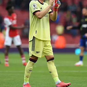 Arsenal's Bernd Leno Celebrates with Fans after Arsenal vs. Chelsea Match, 2021-22 Premier League