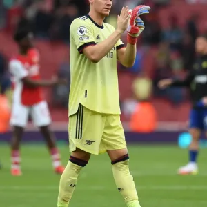Arsenal's Bernd Leno Celebrates with Fans after Arsenal vs. Chelsea Match, 2021-22 Premier League