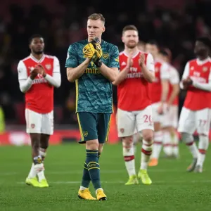 Arsenal's Bernd Leno Celebrates with Fans after Victory over Sheffield United